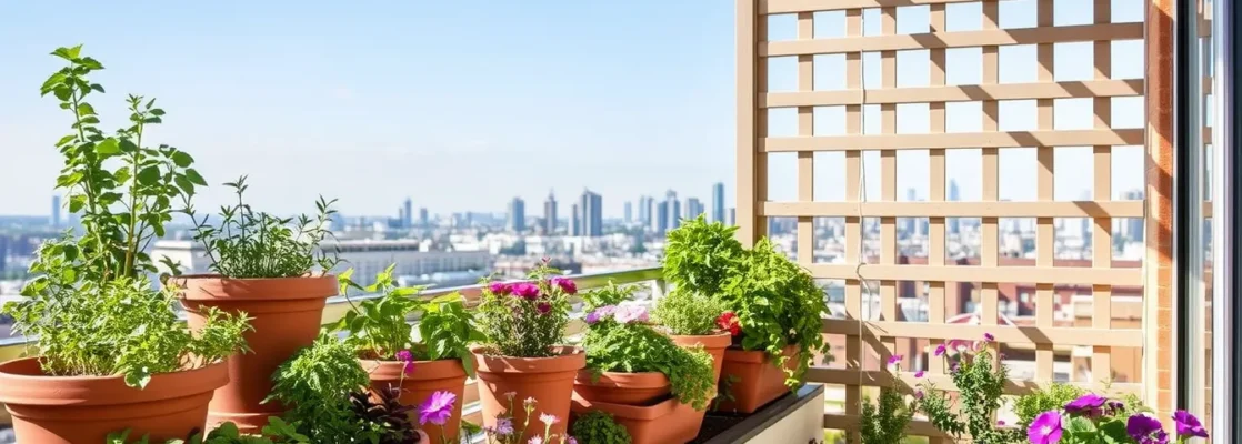 Balcony with tiered pots, herbs, flowers, lattice windbreaks, city skyline.