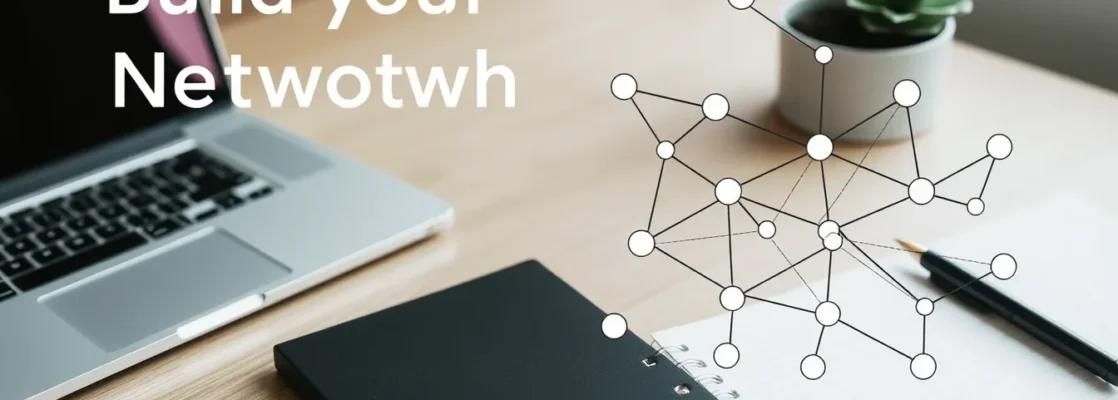 Modern office desk with laptop, notebook, and stylized network diagram of interconnected nodes.