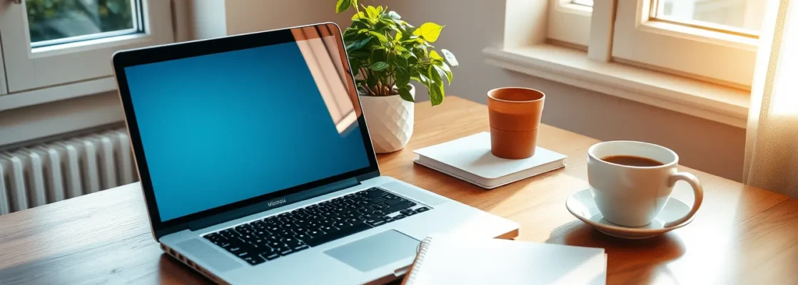 Home office with laptop, notebook, plant, coffee cup on wooden desk, natural light.