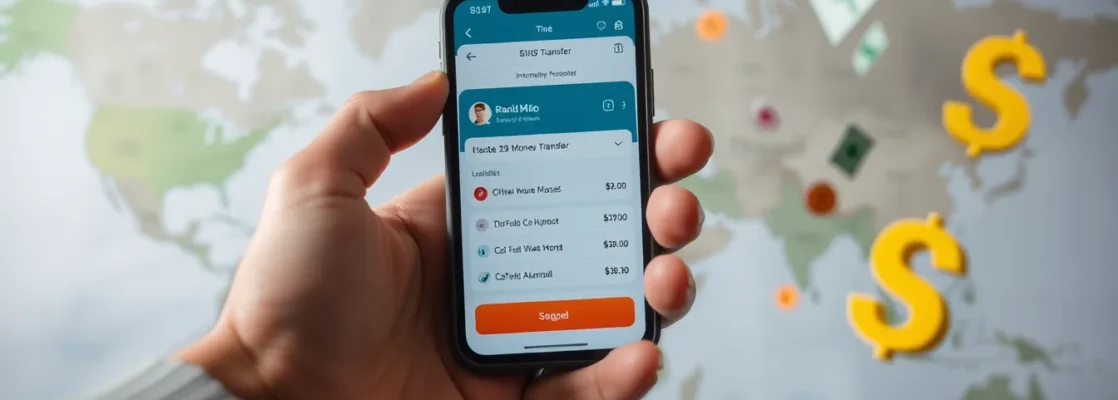 Generic hand holding smartphone with money transfer app and world map background.