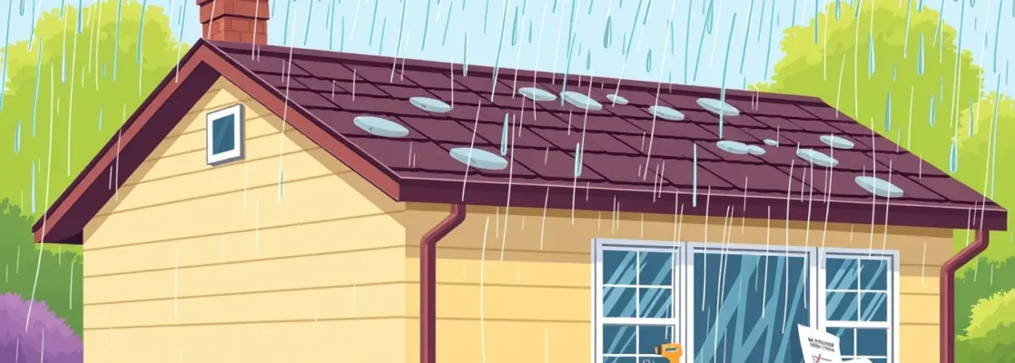 Image of a single-family home with a reinforced roof, clear gutters, a rain gauge, and a checklist on the windowsill.